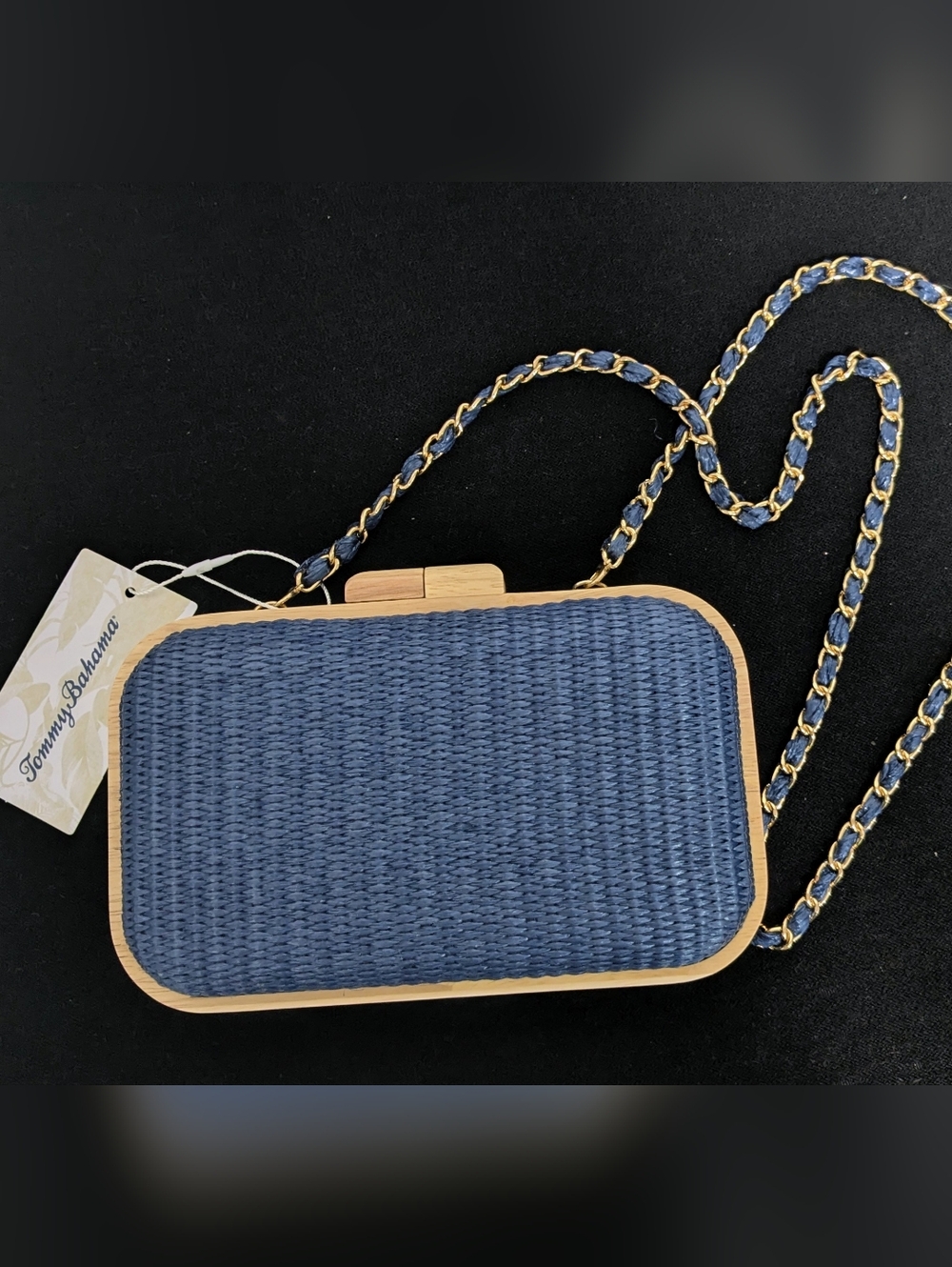Tommy Bahama Woven Clutch Crossbody Navy Wood Frame
